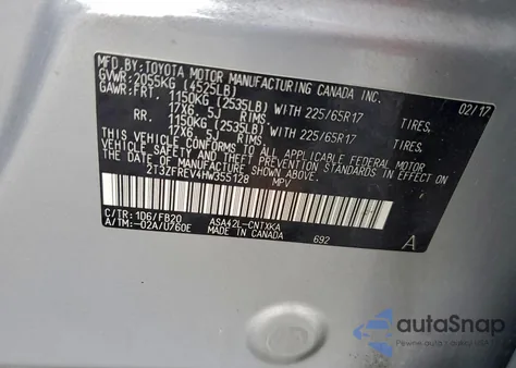 2017 Toyota Rav4 Le из США, поврежденный, VIN 2T3ZFREV4HW355128